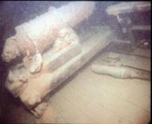 Underwater image of the cannon on the Hamilton and Scourge wreck, 1982.; National Geographic, 82-1874, 1982.