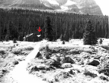 Panoramic view of the Elizabeth Parker Hut (left) and Wiwaxy Lodge (right)and the ongoing relationship of the Wiwaxy Lodge to its natural landscape on the shore of Lake O’Hara, surrounded by mature trees, 1987.; Public Works Canada / Ministère des Travaux publics, A. Powter, 1987