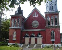 St. Mark's Anglican Church, Gottingen Street view of facade, central doorway, and flanking towers, Halifax, Nova Scotia, 2005.; Heritage Division, NS Dept. of Tourism, Culture, and Heritage, 2005.